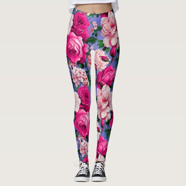 Big Retro Pink Rose Flower Leggings (Front)