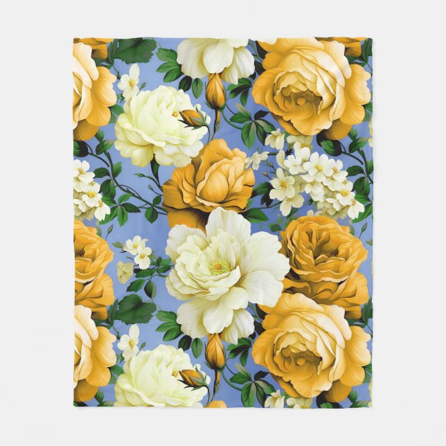 Big Retro Yellow Rose Flower Fleece Blanket (Front)
