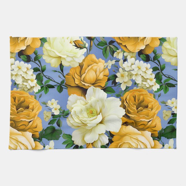 Big Retro Yellow Rose Flower Kitchen Towel (Horizontal)