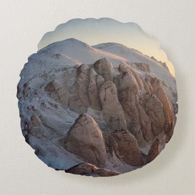 BIG ROCK FORMATIONS COVERED WITH SNOW ROUND PILLOW (Front)