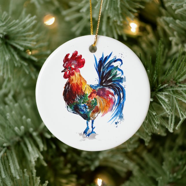 Big Rooster Watercolor Ceramic Ornament (Tree)