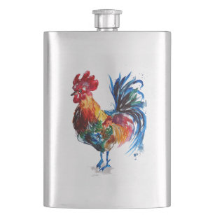 Big Rooster Watercolor Hip Flask