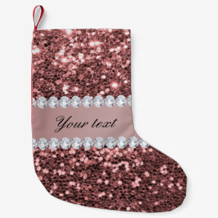 Big Rose Gold Faux Glitter and Diamonds Small Christmas Stocking