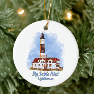 Big Sable Point Lighthouse Watercolor - Michigan Ceramic Ornament