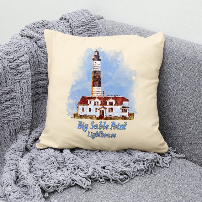 Big Sable Point Lighthouse Watercolor - Michigan Throw Pillow (Creator Uploaded)