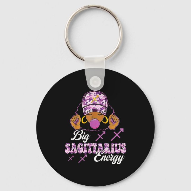 Big Sagittarius Energy Afro Girl With Purple Camou Keychain (Front)