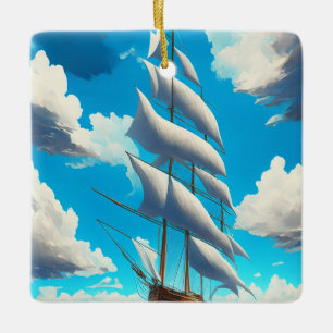 Big Sailboat, Blue Skies, White Fluffy Clouds Ceramic Ornament