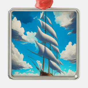 Big Sailboat, Blue Skies, White Fluffy Clouds Metal Ornament