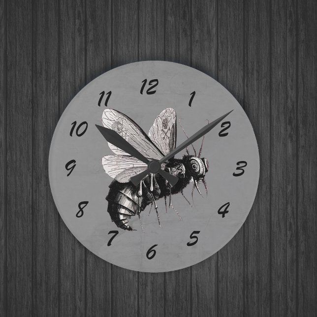 Big Scary Bee Black White Illustration Skull Wings Round Clock (Big Gothic bee skull crossbones on wings on grey round wall clock.)