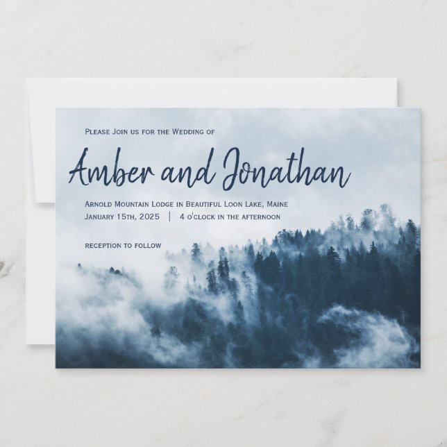 Big Script Winter Mountains Wedding Invitation (Front)