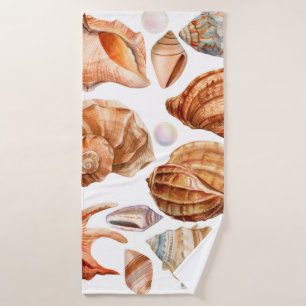 big set of seashells on an isolated white backgrou bath towel