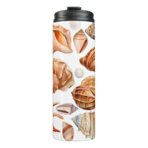 big set of seashells on an isolated white backgrou thermal tumbler
