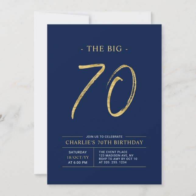 Big Seventy | Gold & Navy Blue 70th Birthday Party Invitation (Front)