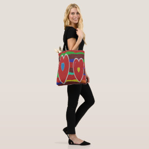 Big shiny hearts with large waving stripes colours tote bag