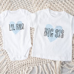 Big Sis Blue Heart Matching Sibling Family Baby T-Shirt<br><div class="desc">Custom printed apparel personalized with a watercolor heart graphic and "Big Sis" text in a cute hand-lettered font. Perfect for a pregnancy announcement photo or a gift for older siblings when new baby arrives! Use the design tools to edit the colours or add your own text and photos to create...</div>