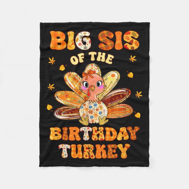 Big Sis Of The Birthday Turkey Bow Family Matching Fleece Blanket (Front)