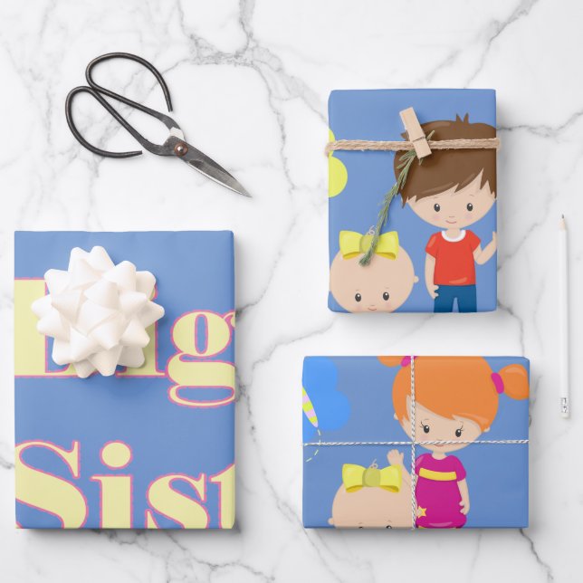 Big Sister Big Brother Sibling Blue Wrapping Paper Sheet (Front)