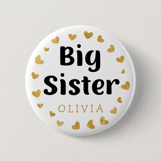 Big Sister Custom Name with gold hearts 2 Inch Round Button (Front)