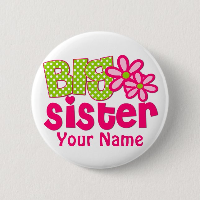 Big Sister Lime Green Pink Personalized Button (Front)
