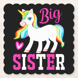 Big Sister Magical Unicorn w/ Rainbow Mane & Tail Paper Coaster