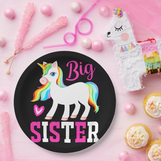 Big Sister Magical Unicorn w/ Rainbow Mane & Tail Paper Plate (Party)