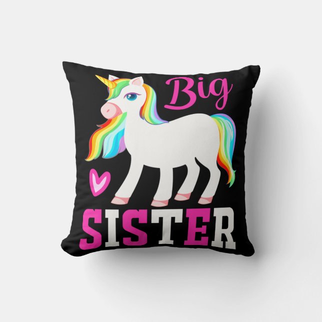 Big Sister Magical Unicorn w/ Rainbow Mane & Tail Throw Pillow (Front)