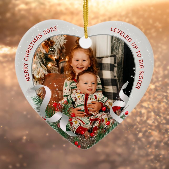 Big Sister New Baby Photo Silver Frame Holly Pine Ceramic Ornament (Creator Uploaded)