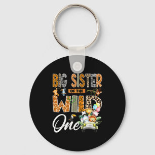 Big sister of the wild one 1st birthday boy safari keychain
