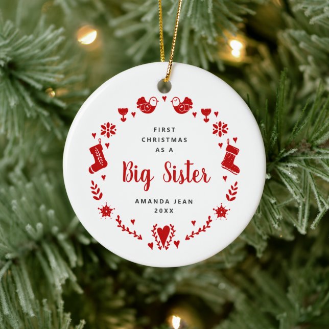 Big Sister Personalized Girl Name Festive Wreath Ceramic Ornament (Tree)