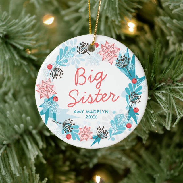 Big Sister Personalized Name Wintry Holiday Wreath Ceramic Ornament (Tree)