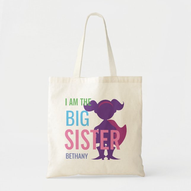 Big Sister Personalized Superhero Silhouette Girls Tote Bag (Front)