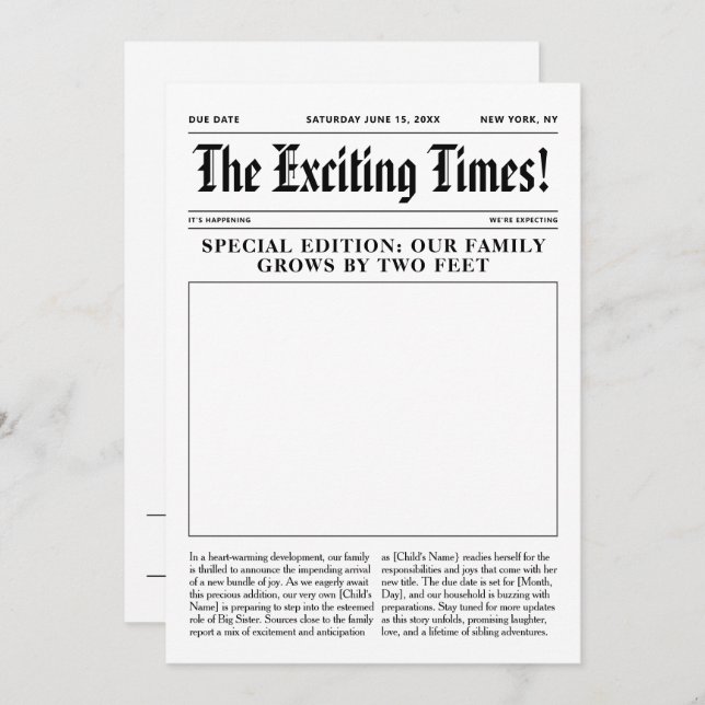 Big Sister Pregnancy Announcement Newspaper (Front/Back)