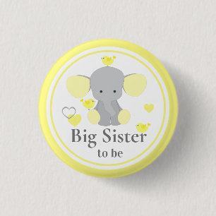 Big Sister To Be Baby Boy Girl Shower Elephant 1 Inch Round Button