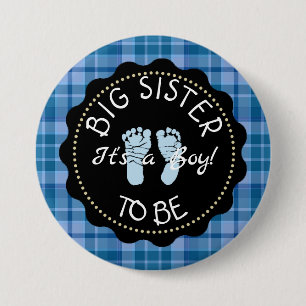 BIG SISTER  to be  Blue Plaid Baby Shower button