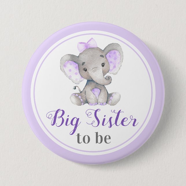 Big Sister to be New Sis Baby Girl Shower Elephant 3 Inch Round Button (Front)