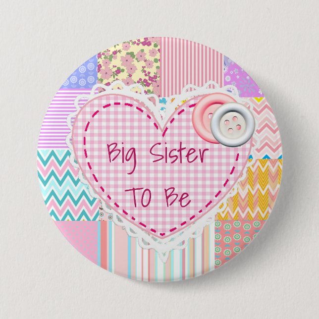 Big Sister To Be Quilted Heart Baby Shower Button (Front)