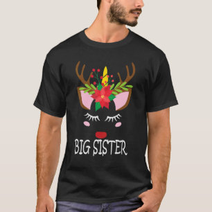 Big Sister Unicorn Face Reindeer Flower Christmas T-Shirt