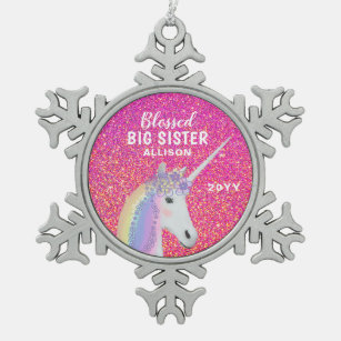 Big Sister Unicorn Pink Glitter Personalized Kids Snowflake Pewter Christmas Ornament