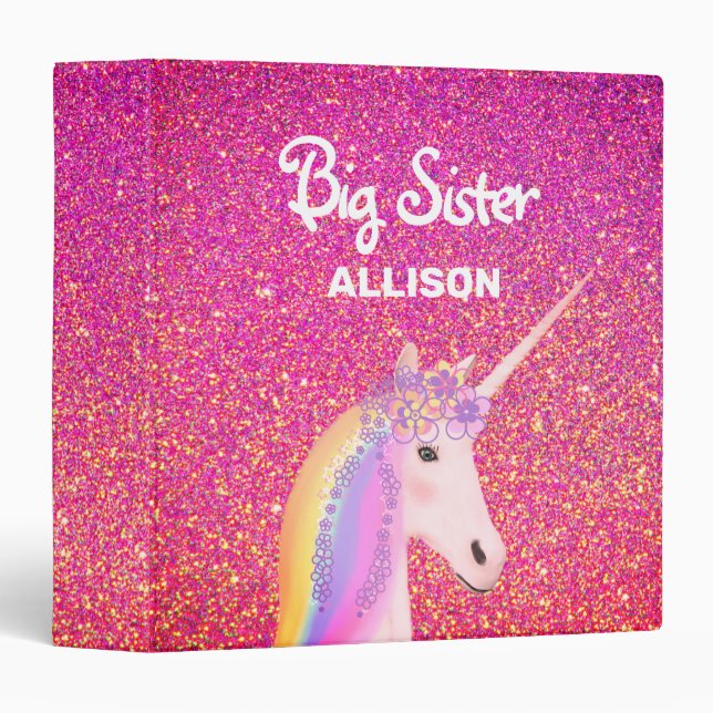 Big Sister Unicorn Pink Gold Glitter Personalized Binder (Front/Spine)