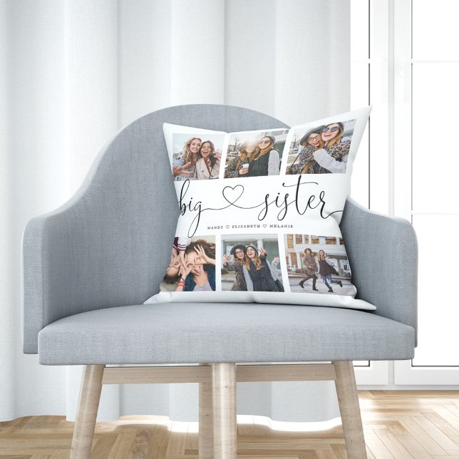 Big Sisters Script Gift For Sisters Photo Collage Throw Pillow (Creator Uploaded)