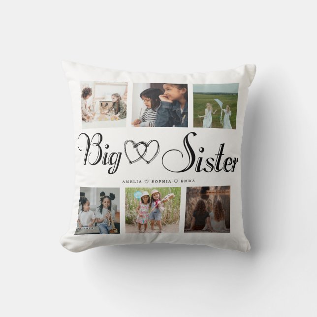 Big Sisters Script Gift For Sisters Photo Collage Throw Pillow (Front)