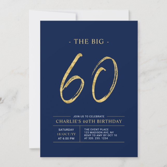Big Sixty | Gold & Navy Blue 60th Birthday Party Invitation (Front)