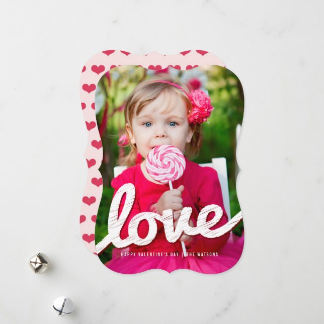 Big Sketched Love Typography Valentine's Day Photo Holiday Card (Front/Back In Situ)