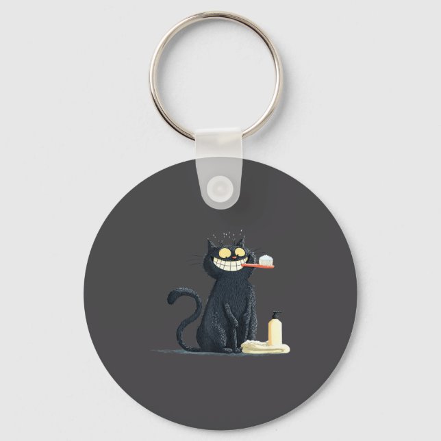Big Smiling Cat With Toothbrush For Teeth Brushing Keychain (Front)