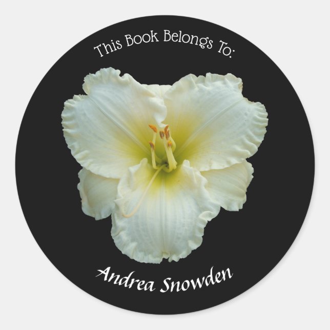 'Big Snowbird' White Daylily on Black Bookplate Classic Round Sticker (Front)