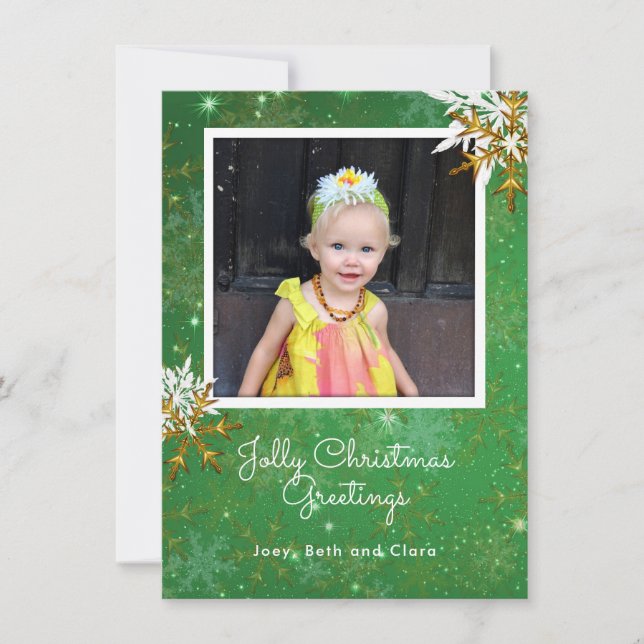 Big Snowflakes Green Photo Flat Christmas Card (Front)