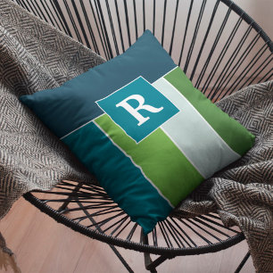 Big Stripes in blue and green with Monogram Throw Pillow