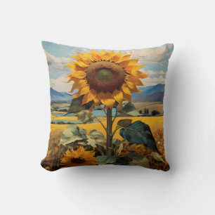 Big Sunflower Field With Mountain Background Throw Pillow