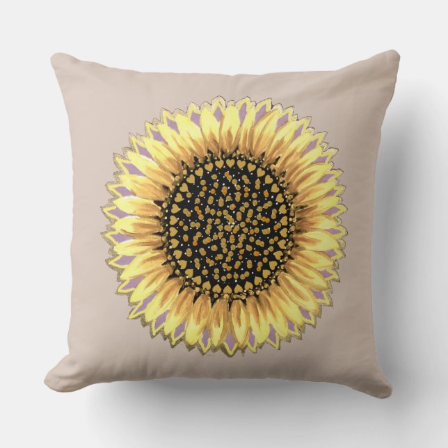 Big Sunflower, Hearts & Golden Dots Throw Pillow (Front)