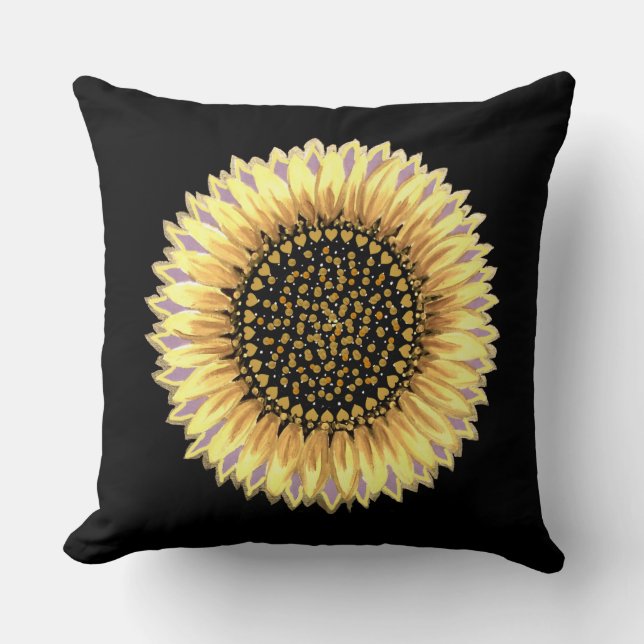 Big Sunflower, Hearts & Golden Dots Throw Pillow (Front)